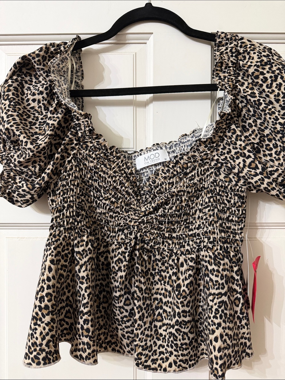 MOD Leopard Print Puff Sleeve Smocked Top in Beige/Black